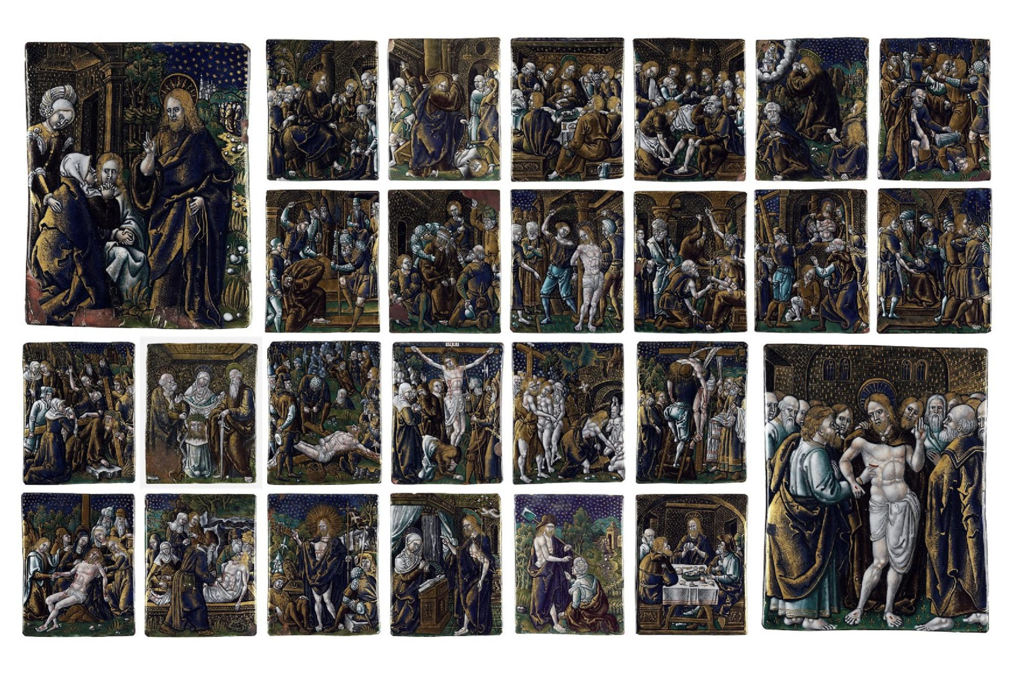26 placas de esmalte pintado sobre cobre com a representação de cenas da Paixão de Cristo