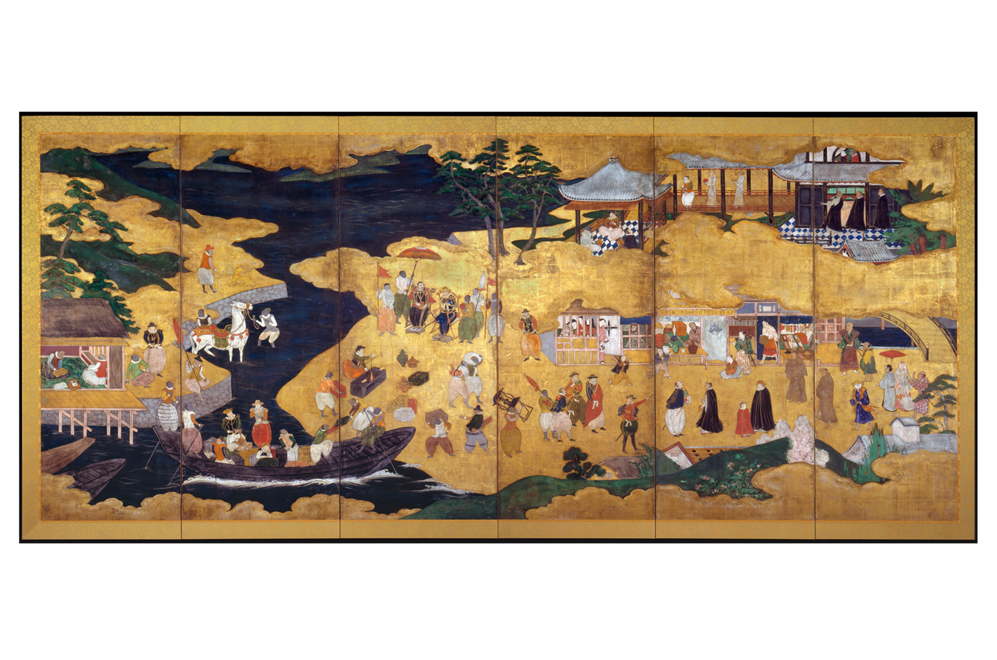 Conjunto de dois biombos de grande formato com uma larga vista panorâmica, numa sequência narrativa, sobre a presença dos portugueses nos portos do Japão e o contacto com uma nova cultura em finais do século XVI