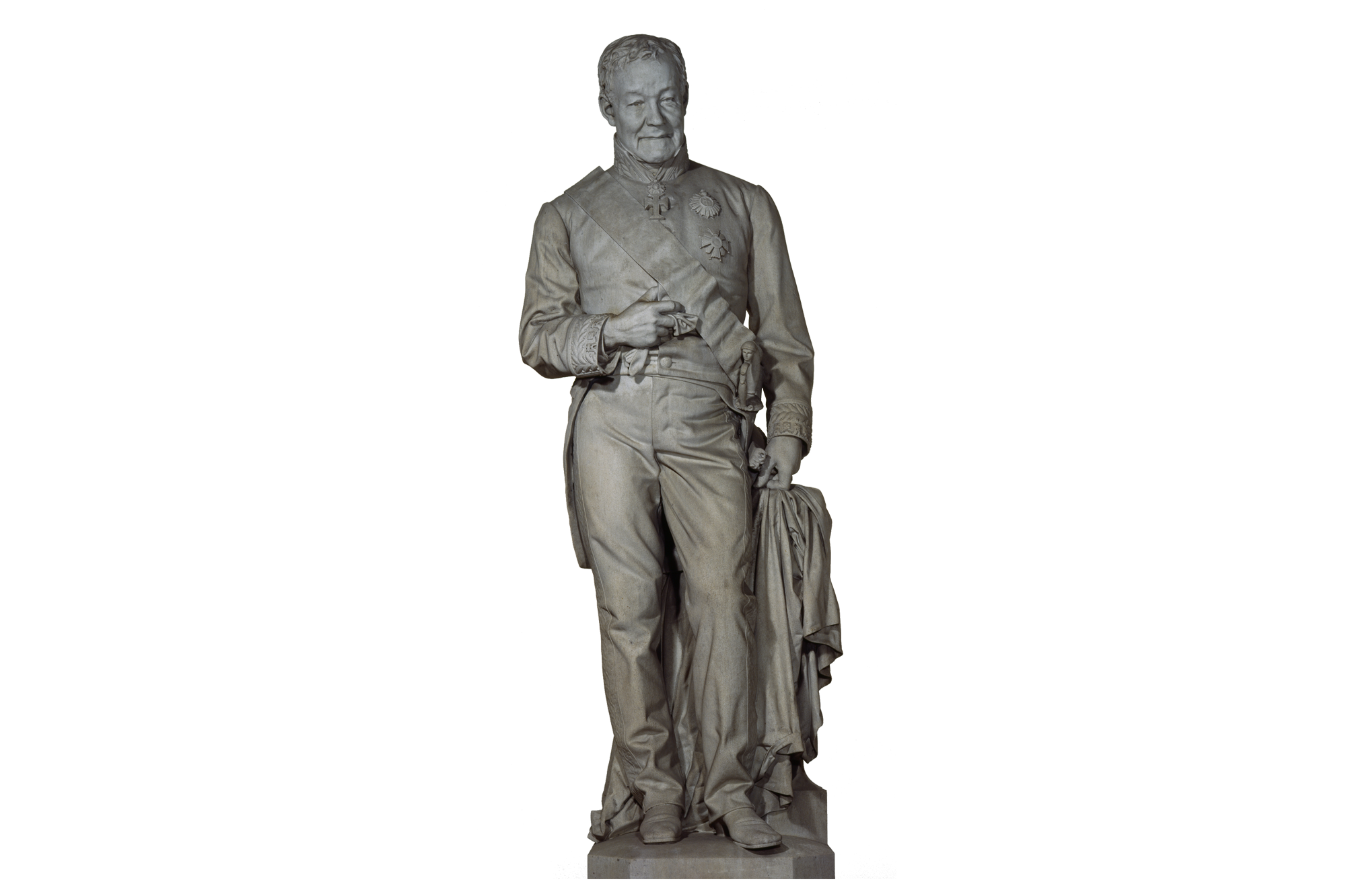 Escultura em gesso representando o corpo inteiro do Conde de Ferreira