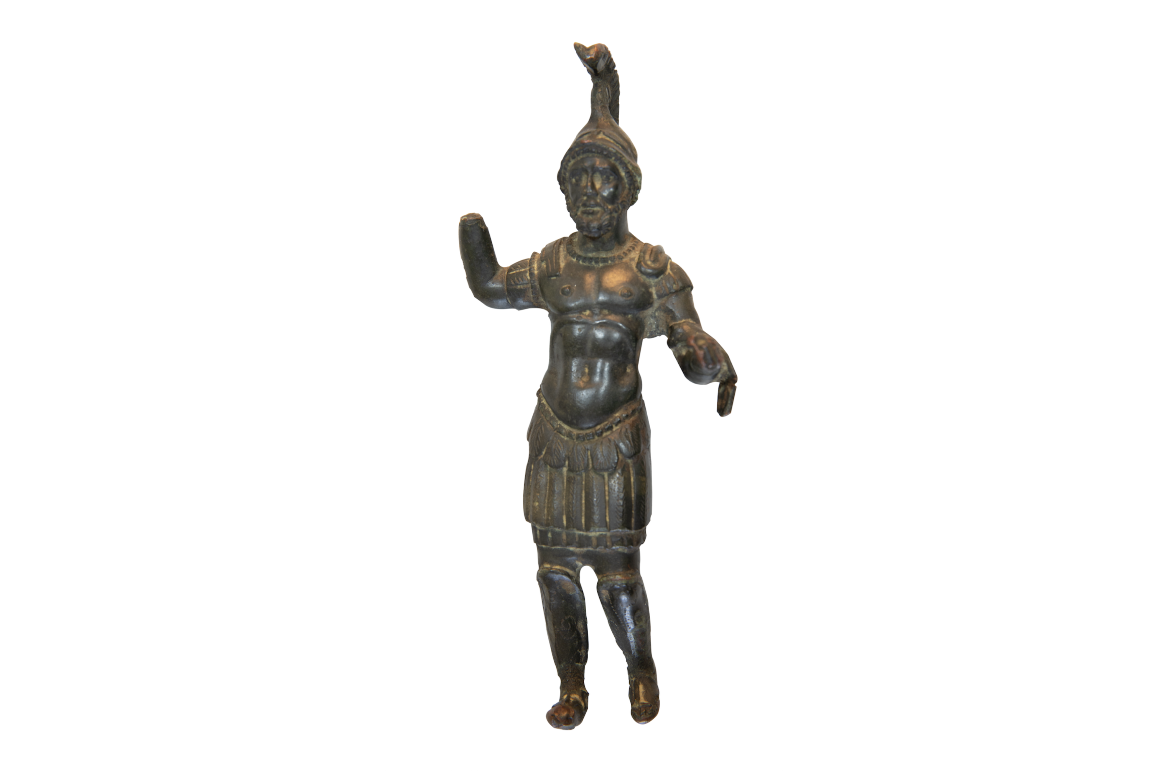 Estatueta em bronze representa uma figura em traje militar romano
