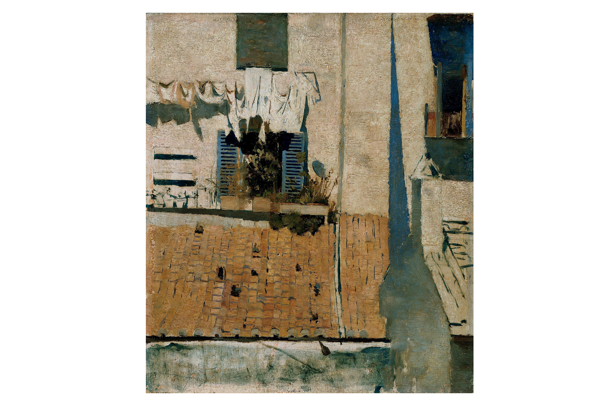 Pintura a óleo de uma fachada de casa rústica, centrada numa janela com persianas azuis