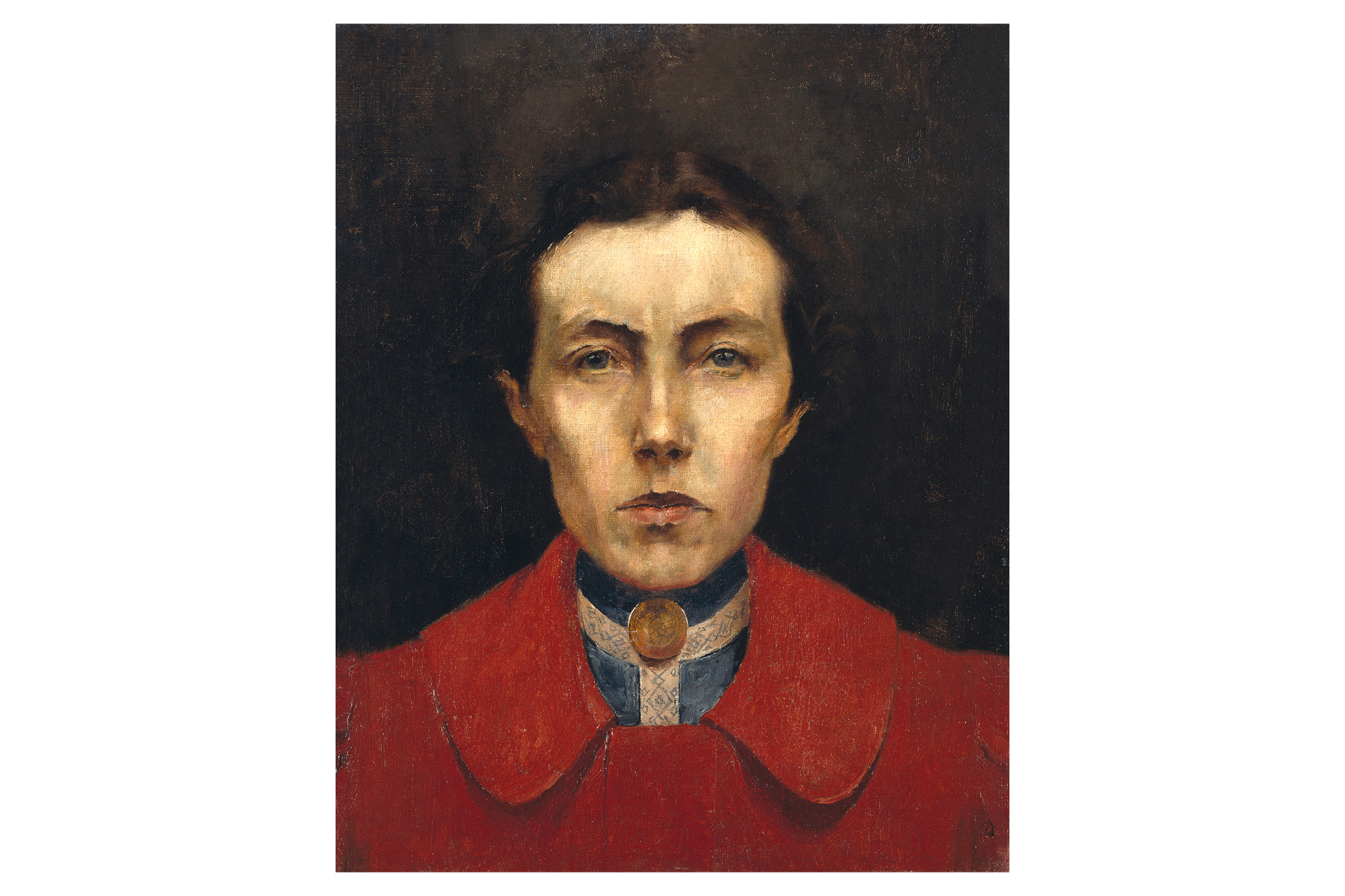 Pintura a óleo com a representação do busto de uma mulher visto de frente e sobre um fundo negro