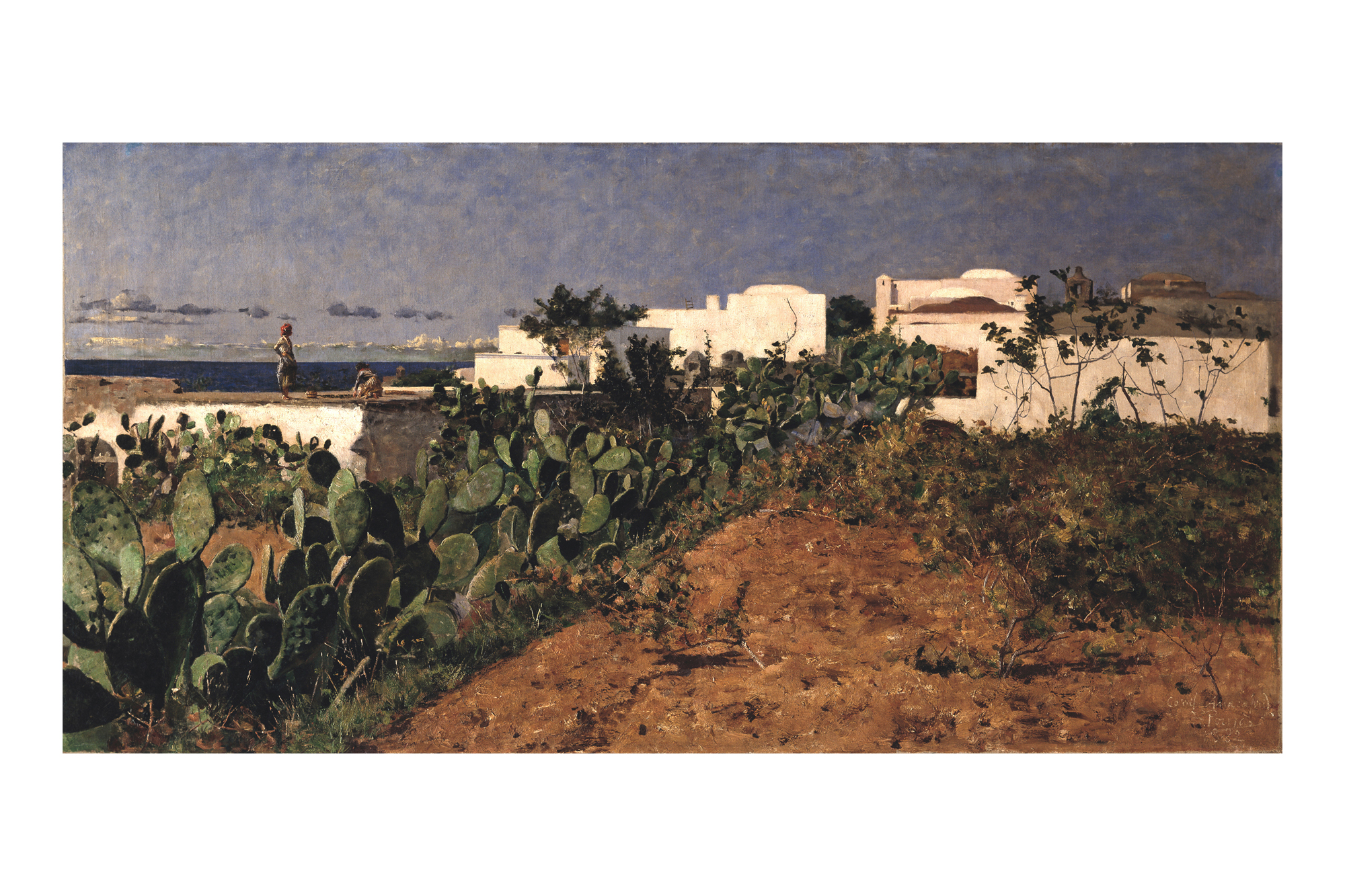 Pintura a óleo estruturada em três planos principais que distinguem a terra, o casario e o céu