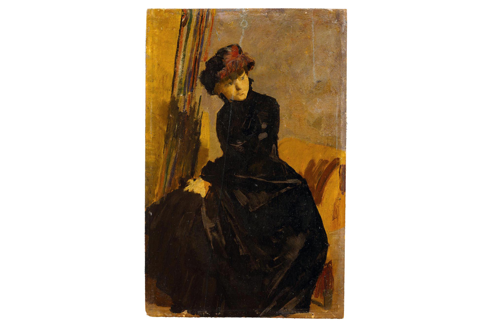 Pintura a óleo com a figura de uma mulher representada em corpo inteiro, sentada num cadeirão