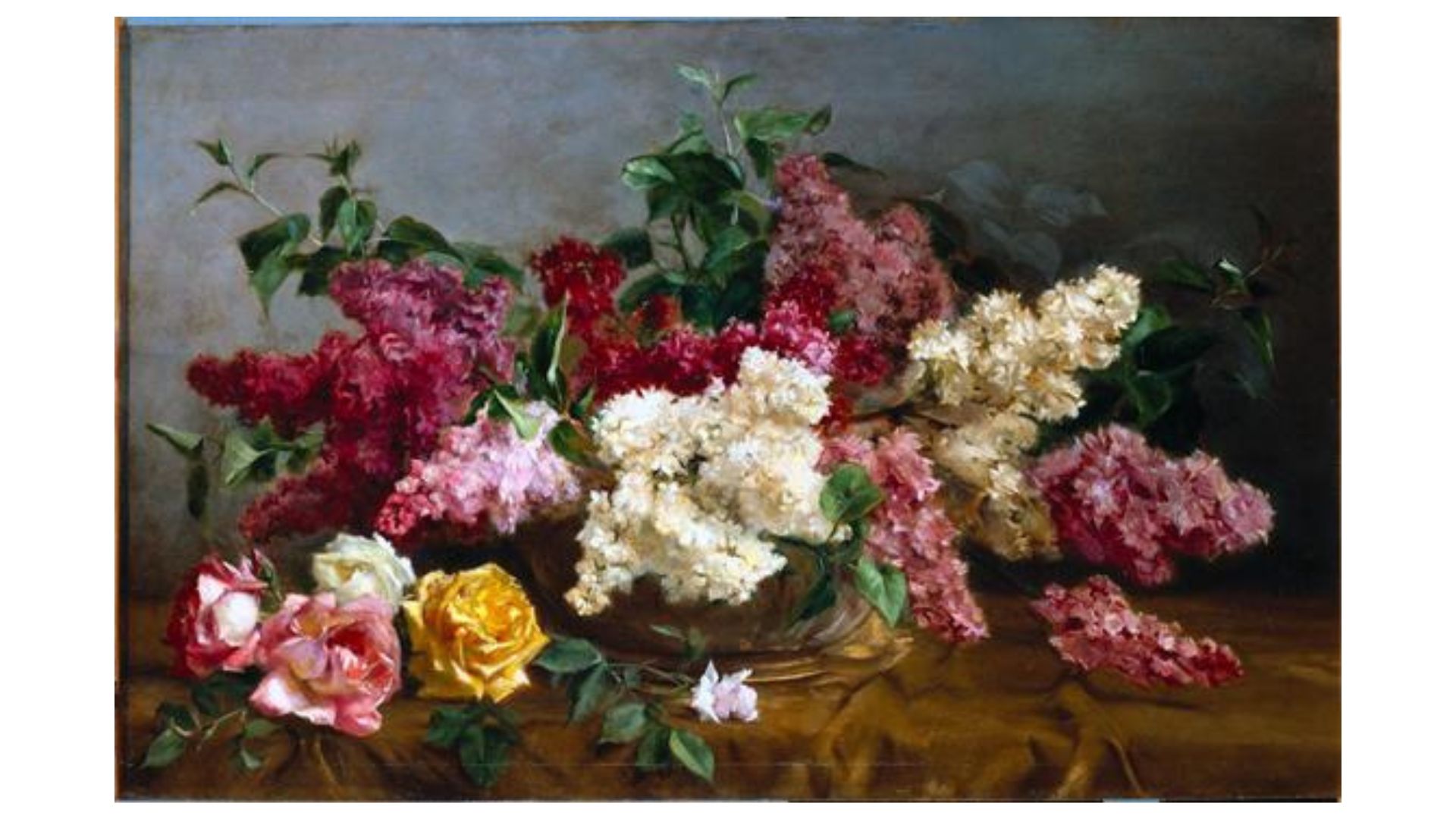 Óleo sobre madeira Lilases e rosas (1920), António José da Costa